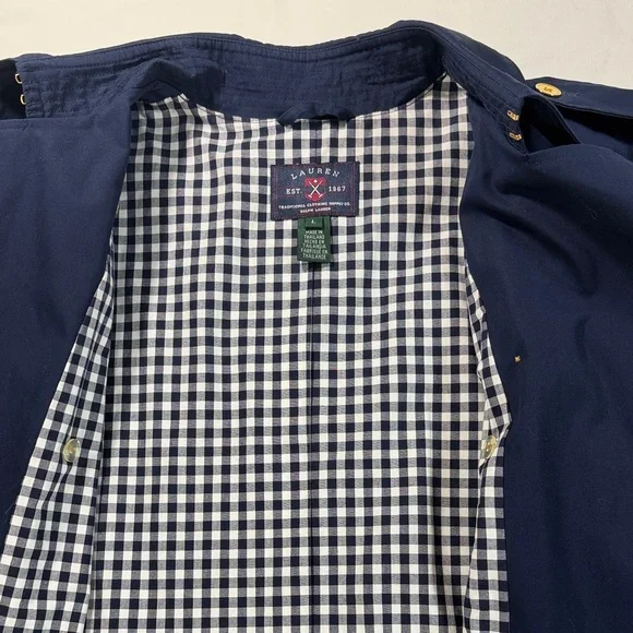 Lauren Ralph Lauren Navy Double-Breasted Belted Trench Coat Checkered Lining L - Picture 10 of 16